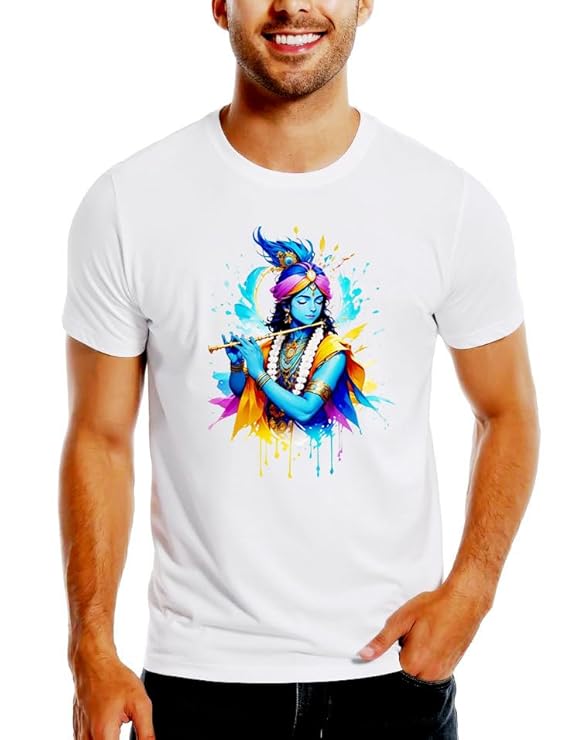 Men's White T-Shirt with Colorful Krishna Graphic, 100% Polyster